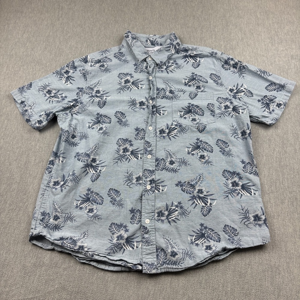 Chaps Shirt Mens XL Blue Floral Seacoast Wash Button Up Hawaiian Cotton Summer